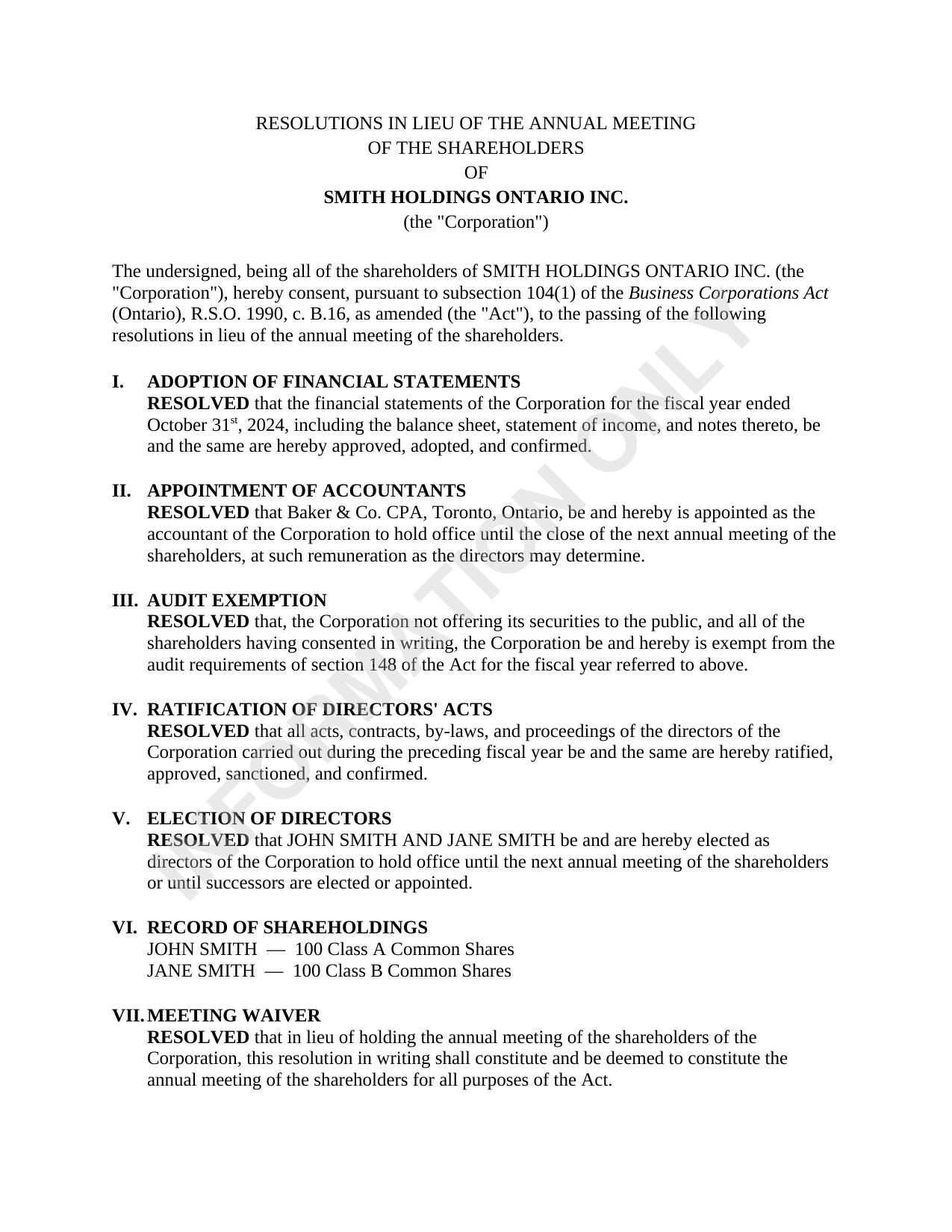 Sample — Shareholder Resolutions in Lieu of Meeting