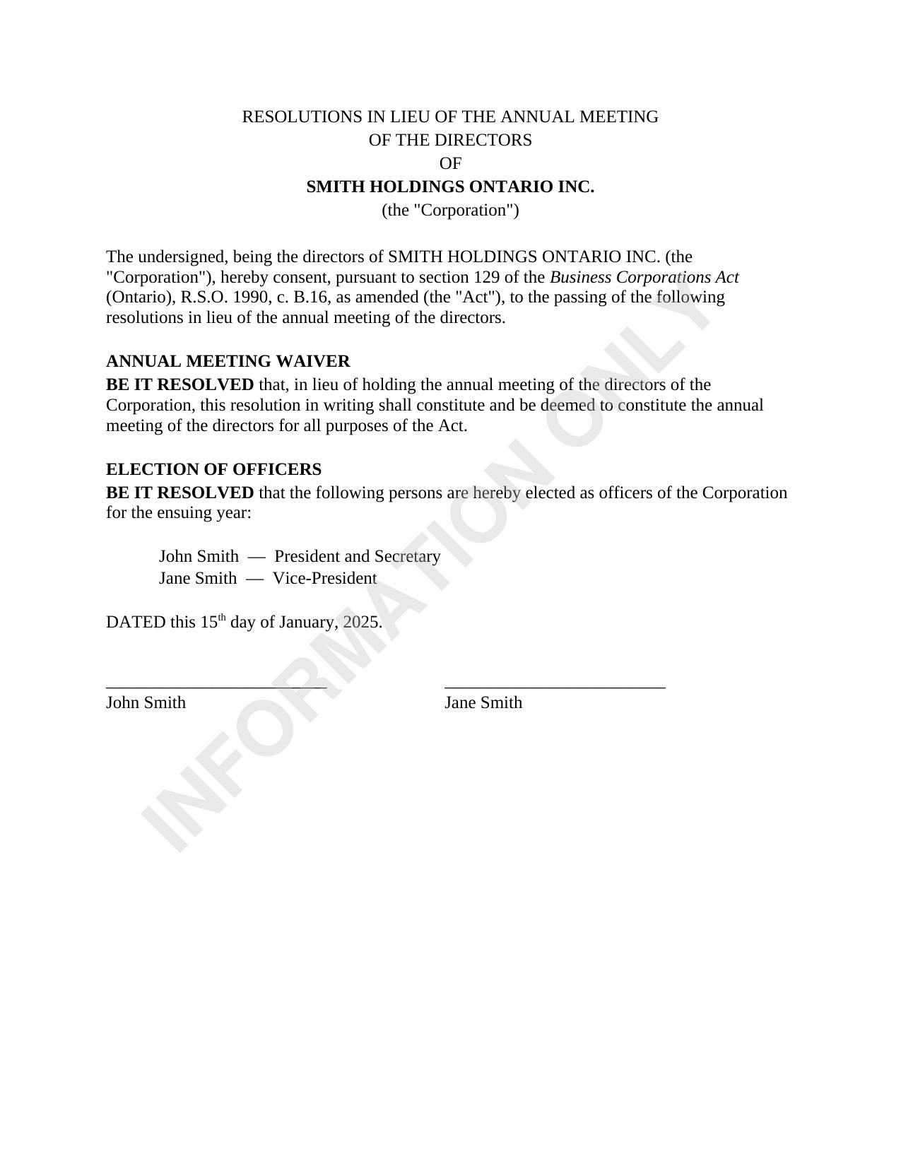 Sample — Director Resolutions in Lieu of Meeting