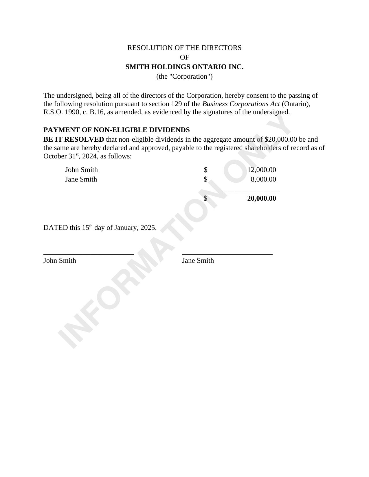 Sample — Dividends Resolution (Non-Eligible)